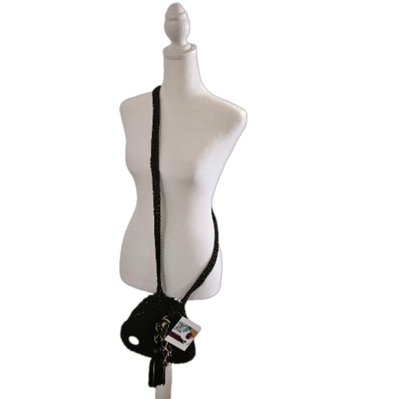 Hand Crafted Crochet Bucket Bag Tassel Beaded Drawstring Crossbody Purse Black - Picture 15 of 17